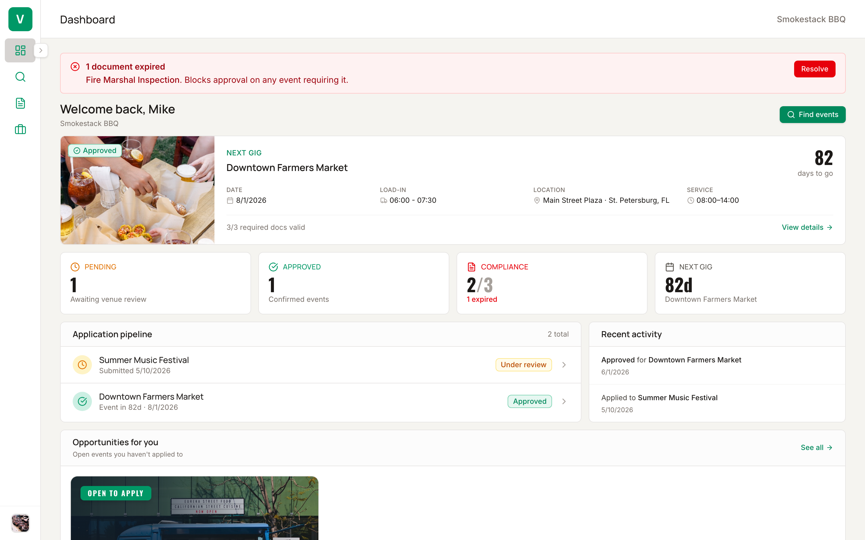 Vendor dashboard preview — Welcome back Mike, expired-document banner, application pipeline (under review and approved), opportunities feed, recent activity.