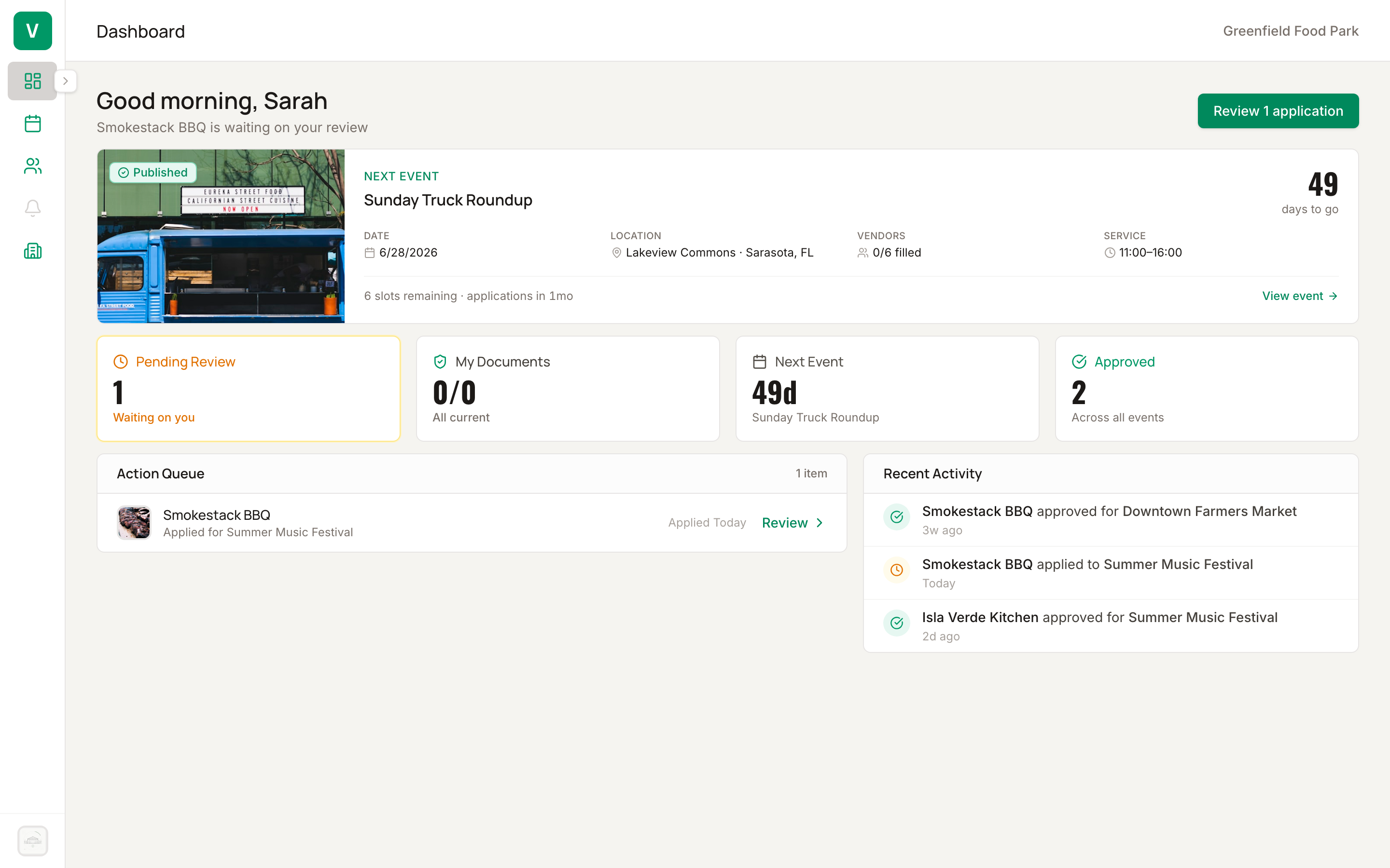 Venue dashboard preview — Smokestack BBQ application waiting for review, Sunday Truck Roundup as the next event, applications/documents/approvals at a glance.